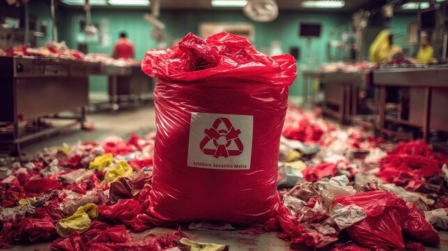 Infectious waste must be disposed of in the trash bag and red.Waste infections in hospitals.photo boxes at the hospital. shows a lot of medical waste.infectious wastes in red bag.
