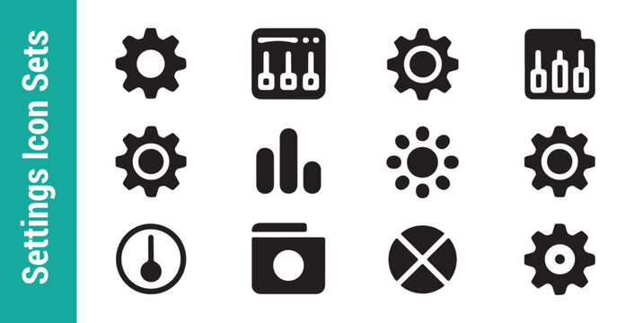Set of fifteen black glyph icons representing various system settings gear wheels and audio slider controls.