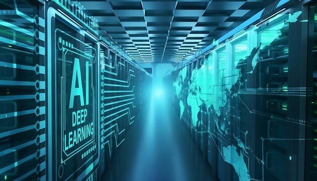 Data center infrastructure powers AI computing, with illuminated server racks, global network graphics, and high-performance hardware supporting advanced digital processing.3d rending