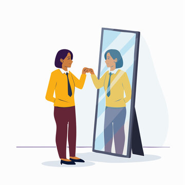 Person greeting their reflection in a mirror