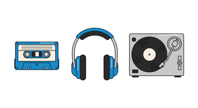 A blue audio cassette tape, a pair of blue over-ear headphones, and a silver record player are displayed together on a white background.