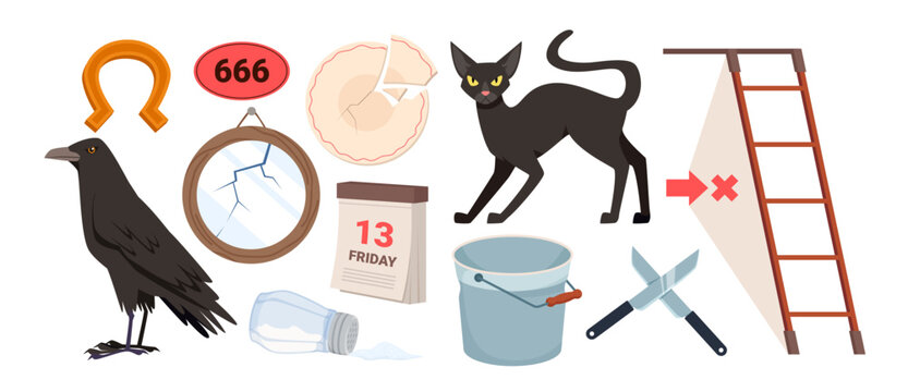 Collection of unlucky symbols including black cat, broken mirror, number 13, spilled salt, and more, representing common superstitions and bad luck beliefs vector illustration