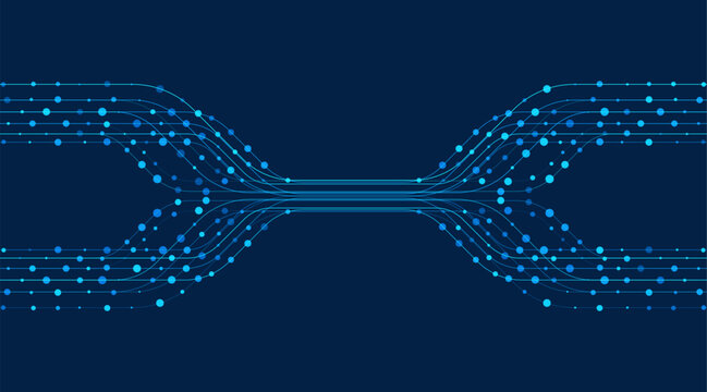 Symmetrical blue digital lines converging into a central channel with connected nodes
