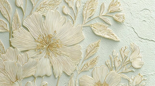 Delicate floral pattern features embossed white blossoms against a textured light green background.