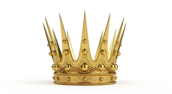 Golden crown with spikes and jewels on white background