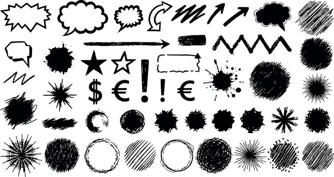 Hand drawn ink doodles collection featuring speech bubbles arrows stars currency symbols circles splatters and sketchy geometric shapes for creative design vector illustration