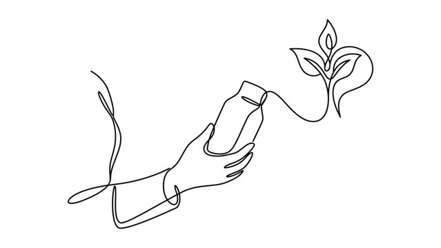 continuous line art of a person holding a product that transforms into a plant symbol through the line
