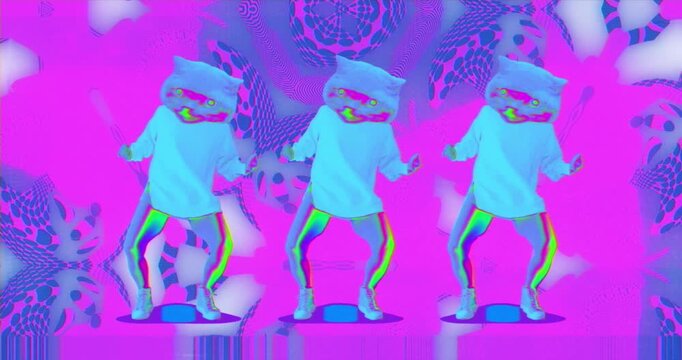 Surreal animation of dancing characters with cat heads in bright pink neon environment