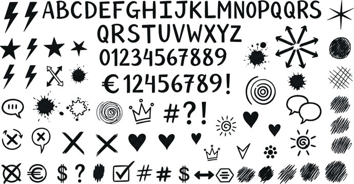 Hand drawn doodle collection with alphabet letters numbers currency symbols hearts stars arrows lightning bolts speech bubbles and creative design vector illustration