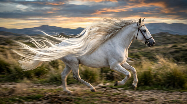 Horse Mane in Wind: Slow-shutter shot of a white horse's mane flowing like "Silk Satin." "Energetic glamour".