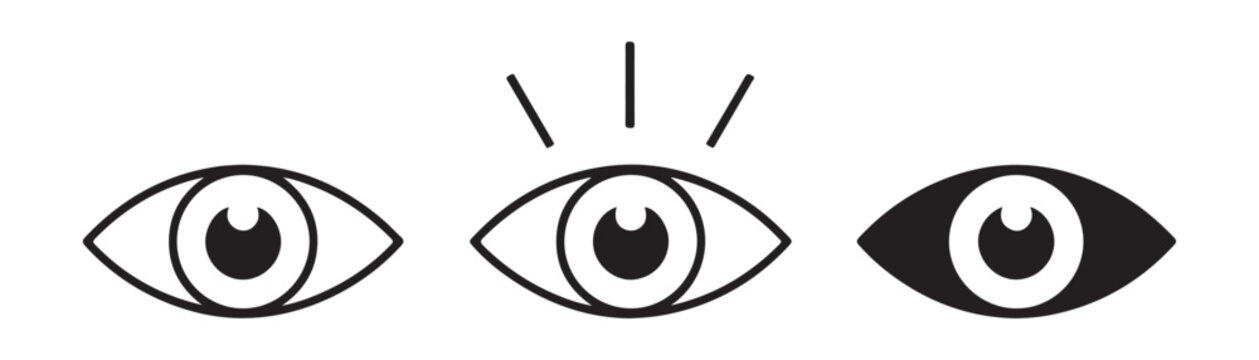 Three different eye icon styles including outline light effect and solid fill variations for interface layout.
