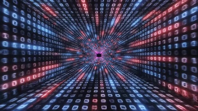 Digital binary tunnel with glowing numbers representing smart infrastructure and connectivity