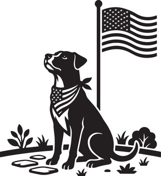 Dog wearing American flag bandana under flagpole