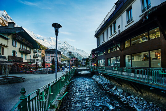 The Arve River flowing through the town of Chamonix-Mont-Blanc in the French Alps, France, Europe 