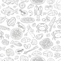 Fototapeta premium Seamless Hand Drawn Seafood Pattern Background.