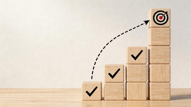 Business goal achievement concept wooden blocks tower growing in height with checkmarks and target symbol at top arrow indicating upward trajectory towards success and strategy