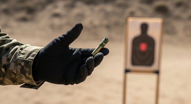 Hand holds bullet near shooting target. Target shows red center for aiming. Desert backdrop suggests outdoor range. Black glove contrasts with bullet and target