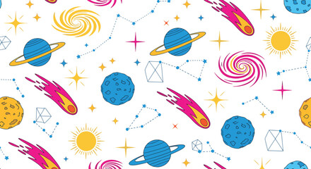 Seamless pattern with space elements including planets stars comets galaxies and constellations in a colorful hand drawn doodle vector illustration © Kanon Islam