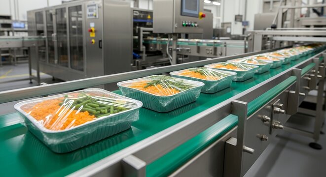 Plastic containers hold colorful vegetables on a conveyor belt. Food trays move along a green production line. Industrial kitchen setting features stainless steel machines