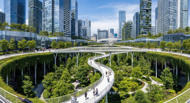 Futuristic cityscape business corporate hub with sustainable green infrastructure and modern architectural design