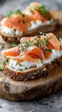 Closeup of toasted bread slices topped with smoked salmon and cream cheese