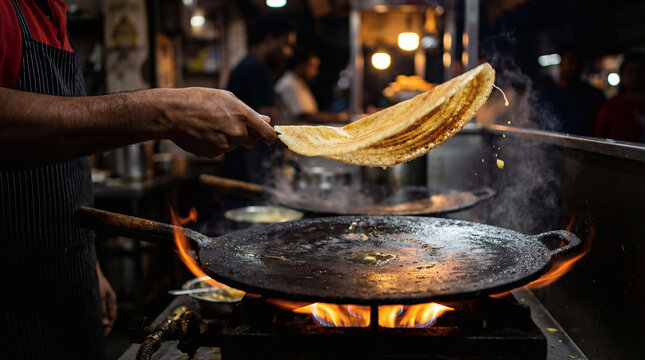 Street food chef flipping a crispy dosa on a flaming hot griddle