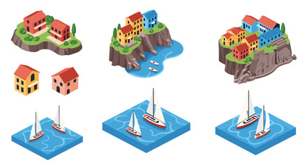 Fototapeta premium Isometric coastal village scene with colorful houses on cliffs and boats on blue water, depicted in a clean, graphic style.