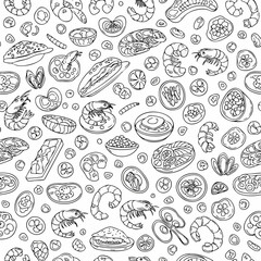 Obraz premium Seamless pattern with hand drawn seafood and shellfish.