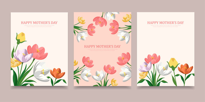 Happy Mother&rsquo;s Day Floral Card Set with Colorful Spring Flowers and Elegant Design, vector illustration.