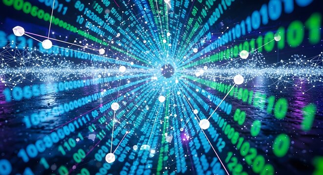 Data stream tunnel with floating binary code and digital network nodes technology information computer background