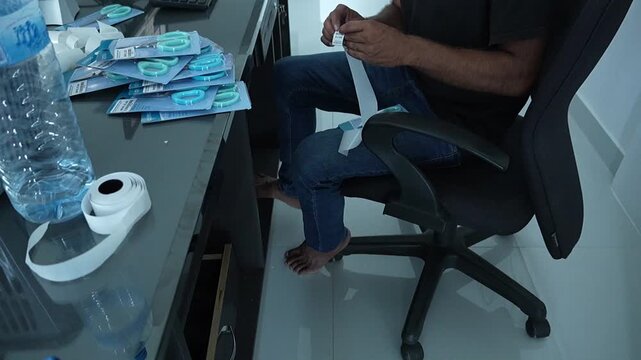 Hands preparing medical supplies for distribution, focused on packaging and organization for healthcare and safety protocols