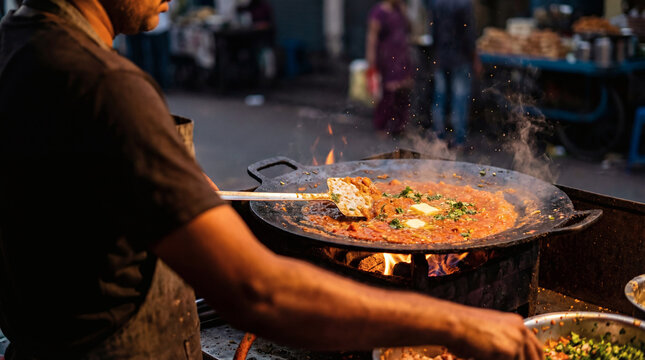 Chef cooking spicy Pav Bhaji on a street food stall at night