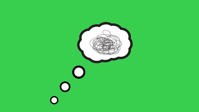 Thinking cloud cartoon with tangled scribble line animation isolated on green background