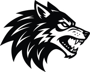 Fototapeta premium Fierce wolf head in aggressive monochrome illustration for sports Isolated on white background