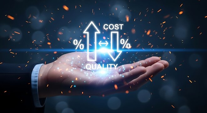 Hand illustrating balance between cost and quality improvement concepts visually