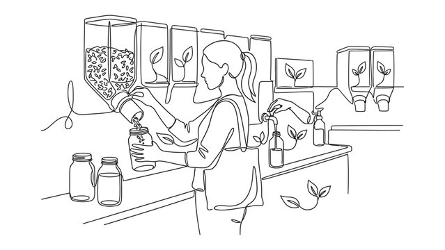 continuous line art of a shopper refilling containers at a zero-waste station, line flowing from containers to hands