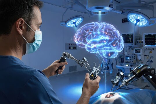 Surgeon performing robotic brain surgery advanced AI medicine