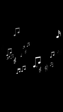 musical notes flying isolated alpha channel animation, white notas flicker music and song overlay vertical social media motion design element