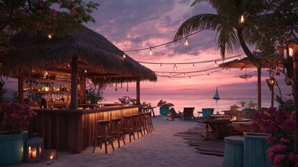 Fototapeta premium Tropical beach bar at sunset with tiki torches and ocean views.
