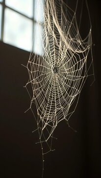 Textured cobweb draped, dutch angle accentuates delicate strands in soft light ,  dutch angle,  subtle detail