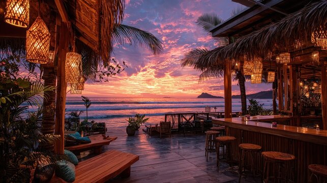 Tropical beach bar at sunset with tiki torches and ocean views.
