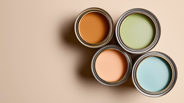 Four open paint cans rest on a soft beige surface