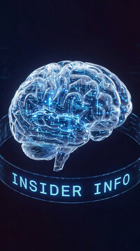 "Insider Info" Text Glowing Blue Digital Brain with Nural Network Patterns on Drk Background