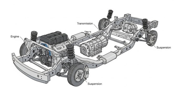 Detailed Technical Drawing of Car Chassis Frame.