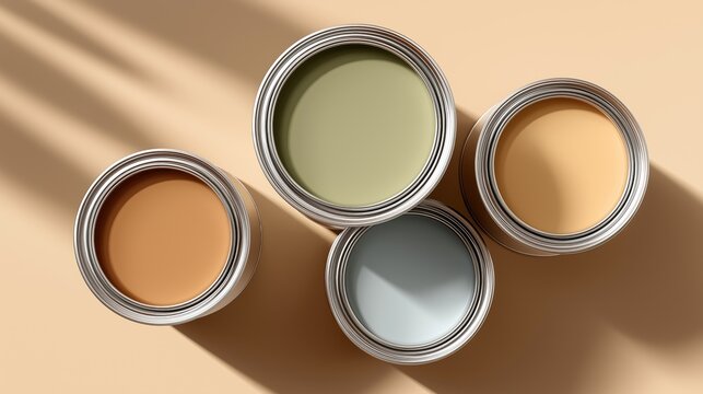 Four open paint cans sit atop a smooth beige surface