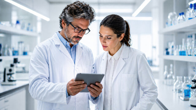 Ricercatori in camice bianco che collaborano usando tecnologie digitali in laboratorio. Generative AI 