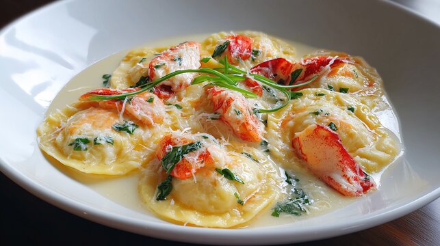 Close-up of creamy lobster ravioli garnished with herbs in white plate