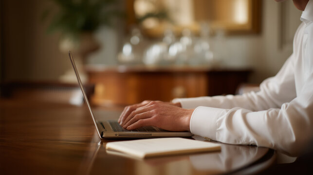 Board secretary records minutes on laptop during governance committee meeting, parliamentary procedure handbook open beside device, executive conference room with credenza holding water pitchers and