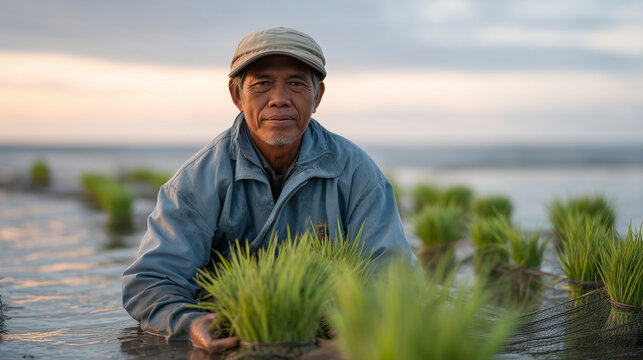 Gene edited salt tolerant rice variety being trialed in coastal paddy fields, an elderly male farmer wading in shallow brackish water inspecting tillering plants, nets protecting experimental plots,