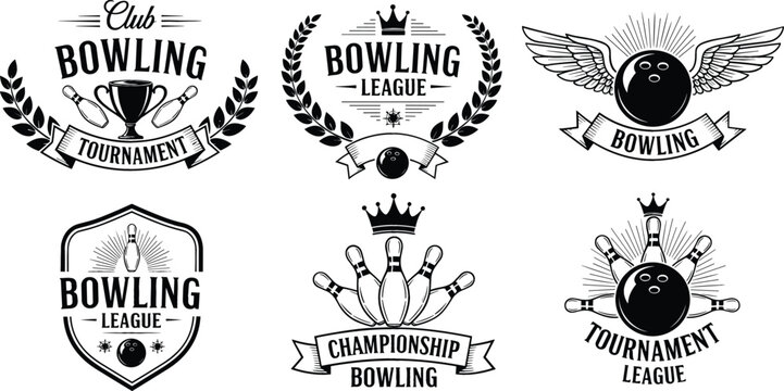 Bowling badges and emblems set vintage style labels with pins ball wings crown and laurel for tournament and league vector illustration
